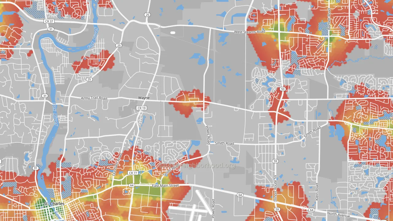 Walk Grade map of 60184, IL, walkable areas in green and car-dependent areas in red