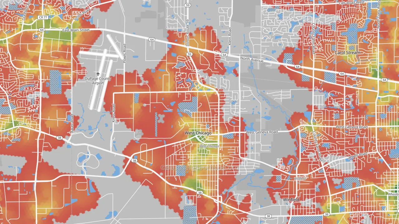 Walk Grade map of 60185, IL, walkable areas in green and car-dependent areas in red