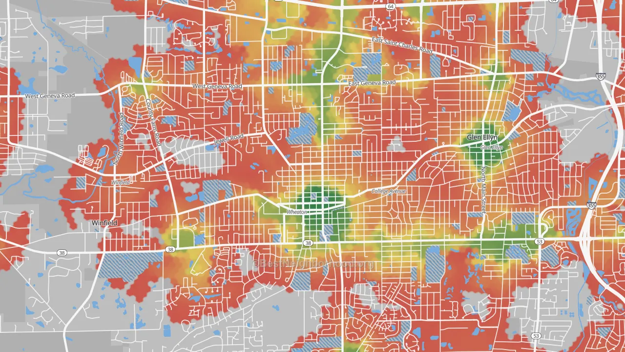Walk Grade map of 60187, IL, walkable areas in green and car-dependent areas in red