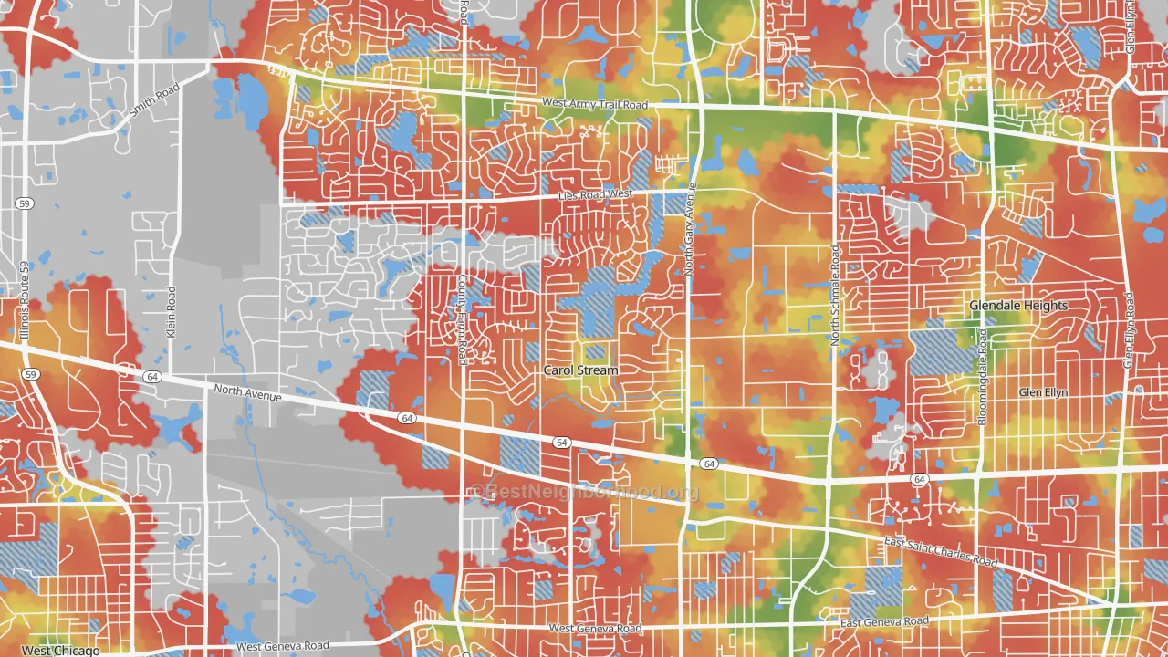 Walk Grade map of 60188, IL, walkable areas in green and car-dependent areas in red
