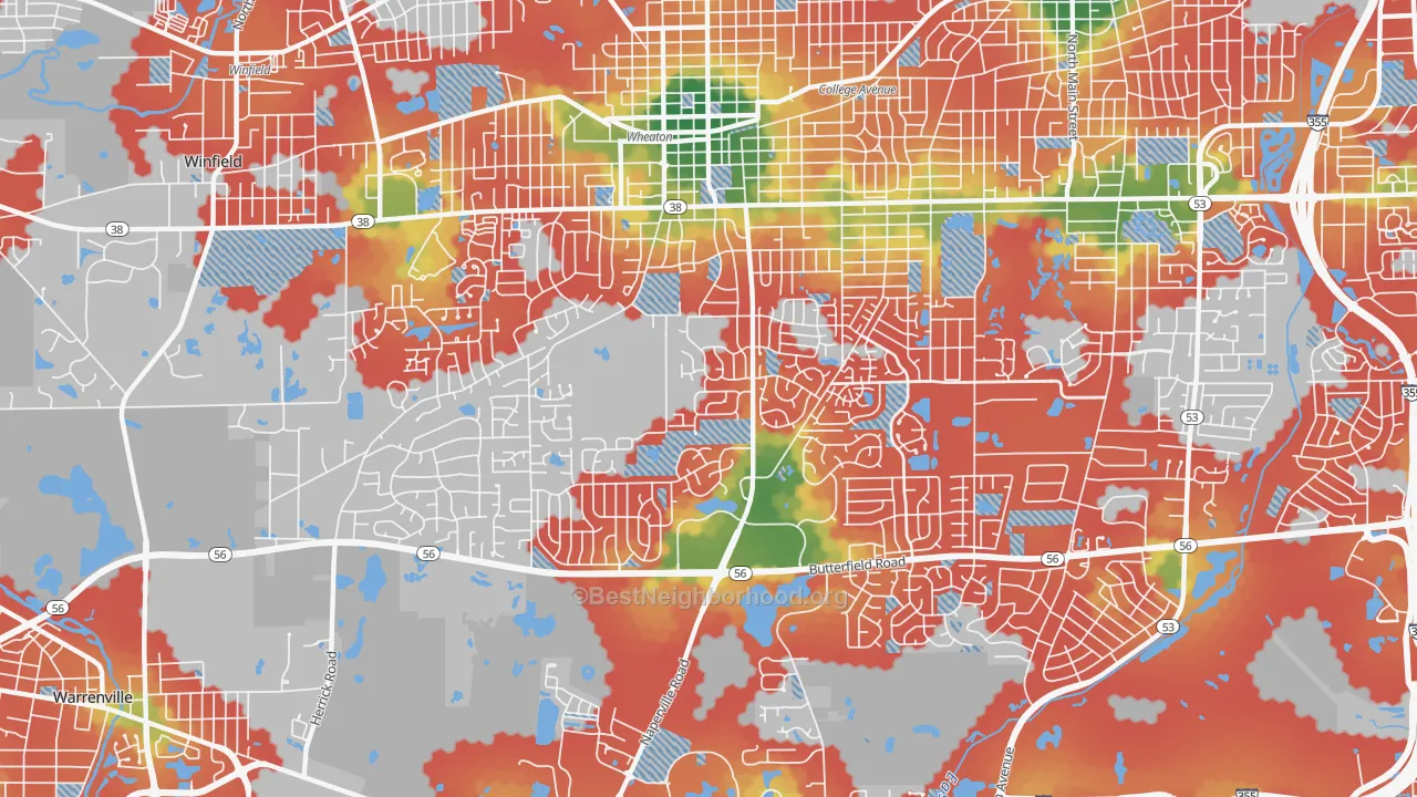 Walk Grade map of 60189, IL, walkable areas in green and car-dependent areas in red
