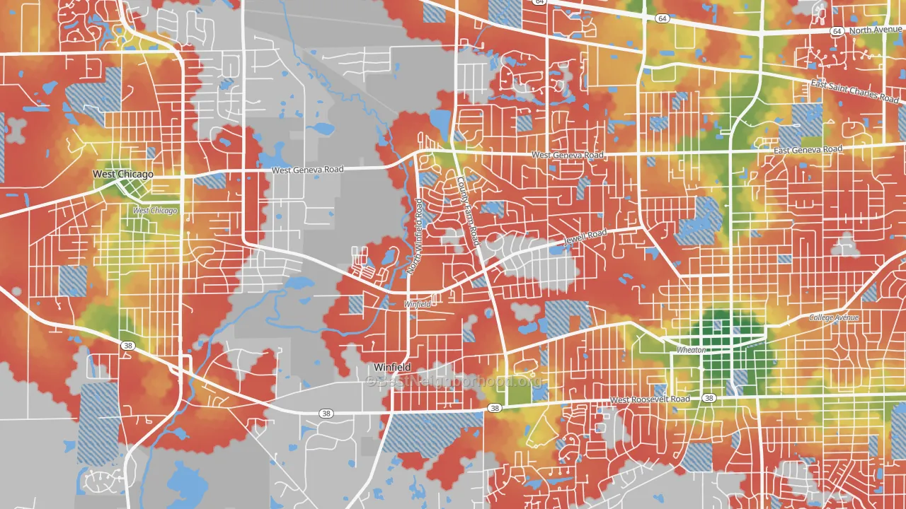 Walk Grade map of 60190, IL, walkable areas in green and car-dependent areas in red