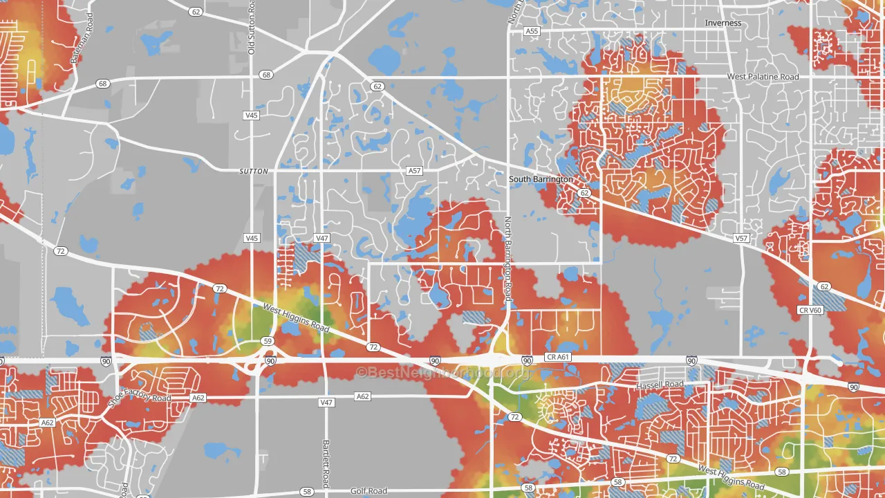 Walk Grade map of 60192, IL, walkable areas in green and car-dependent areas in red