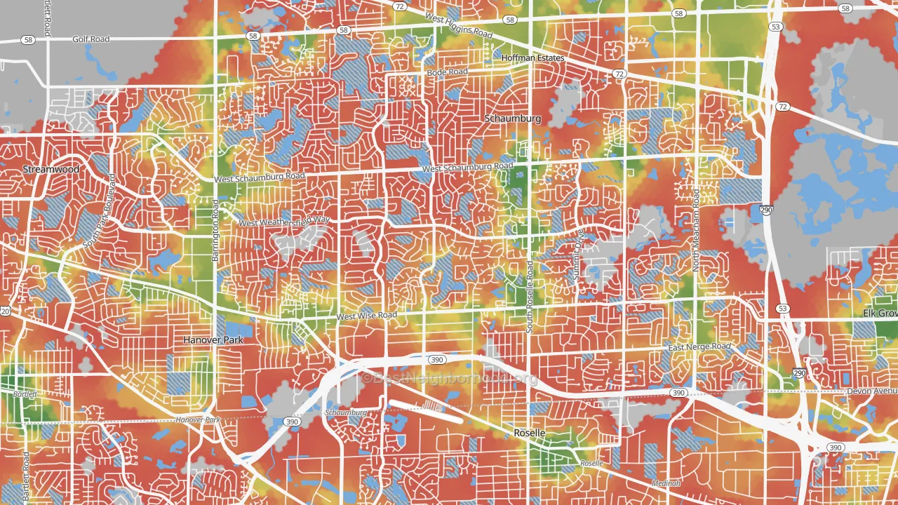 Walk Grade map of 60193, IL, walkable areas in green and car-dependent areas in red