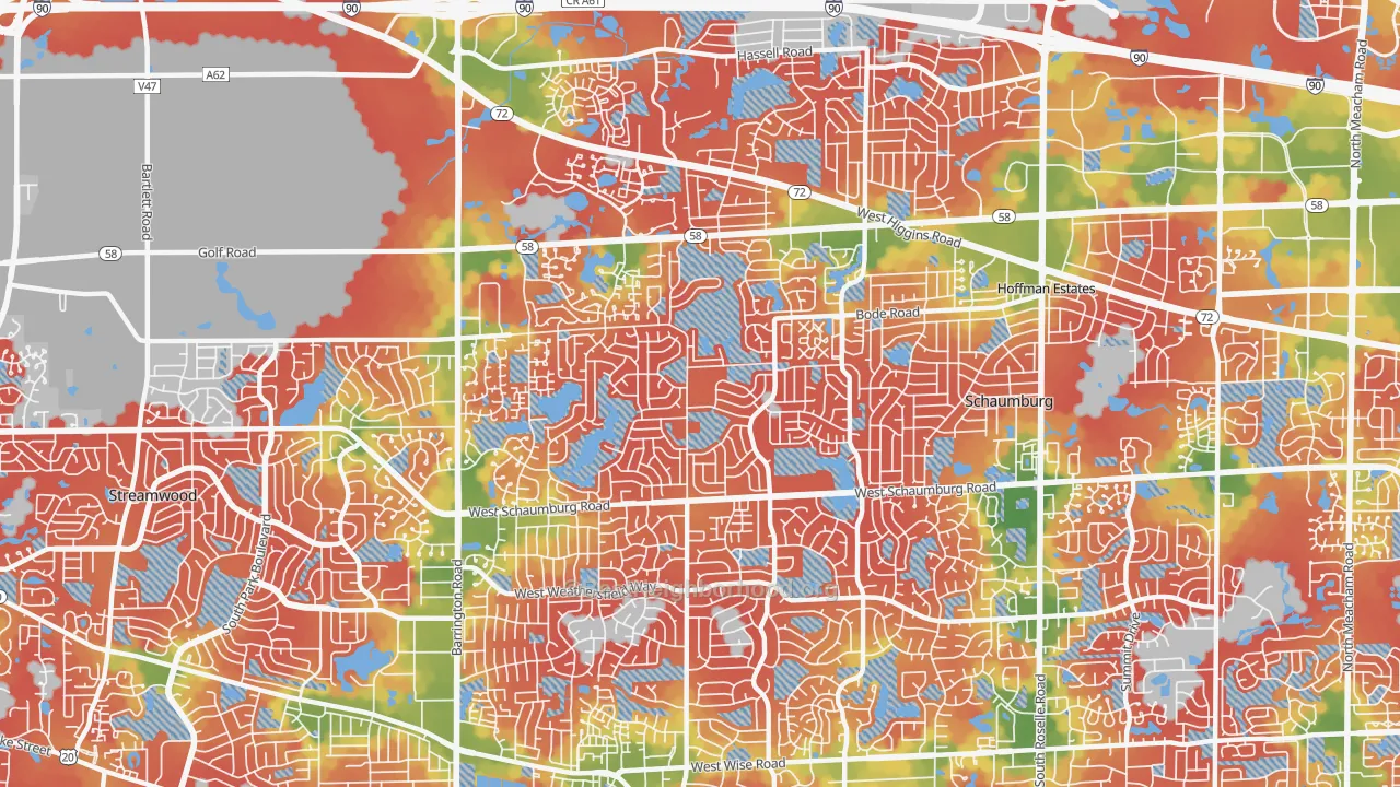 Walk Grade map of 60194, IL, walkable areas in green and car-dependent areas in red