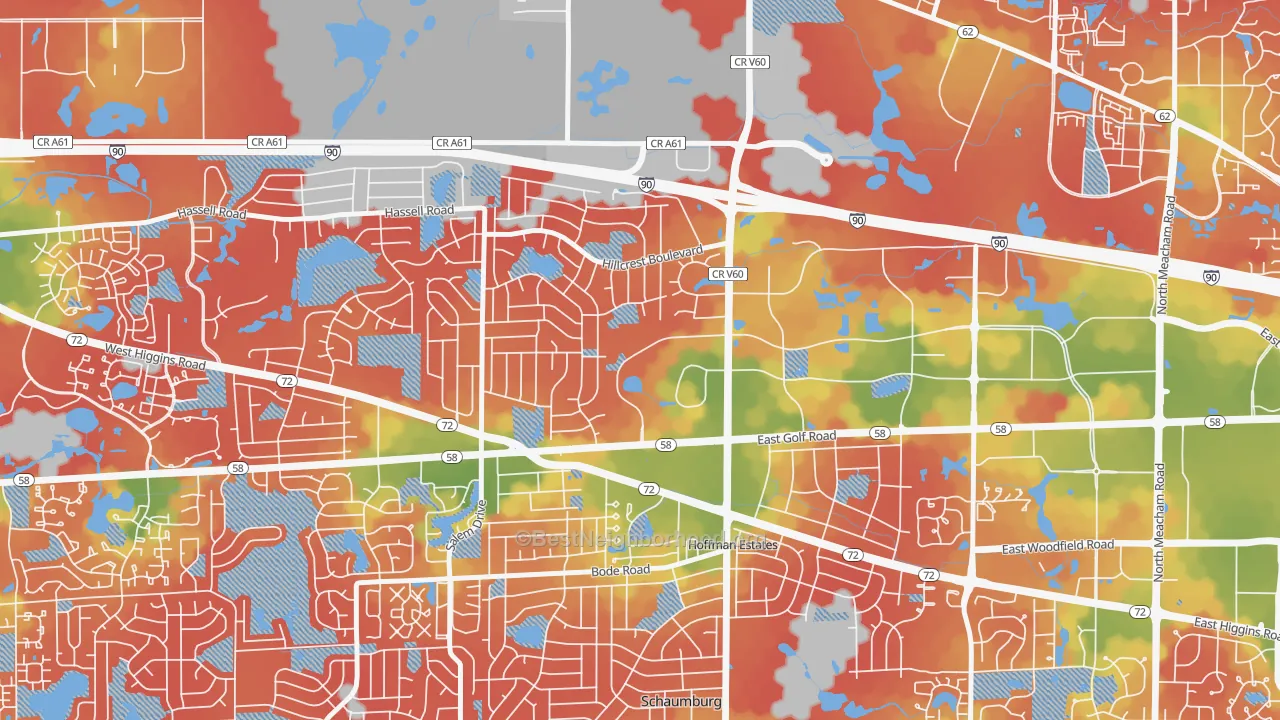 Walk Grade map of 60195, IL, walkable areas in green and car-dependent areas in red