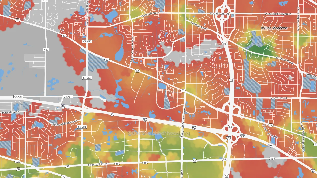 Walk Grade map of 60196, IL, walkable areas in green and car-dependent areas in red