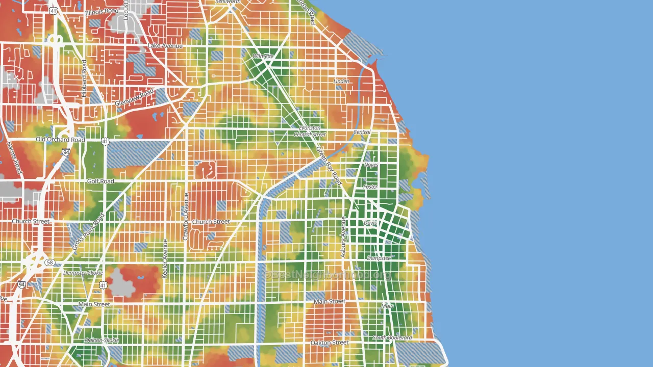 Walk Grade map of 60201, IL, walkable areas in green and car-dependent areas in red
