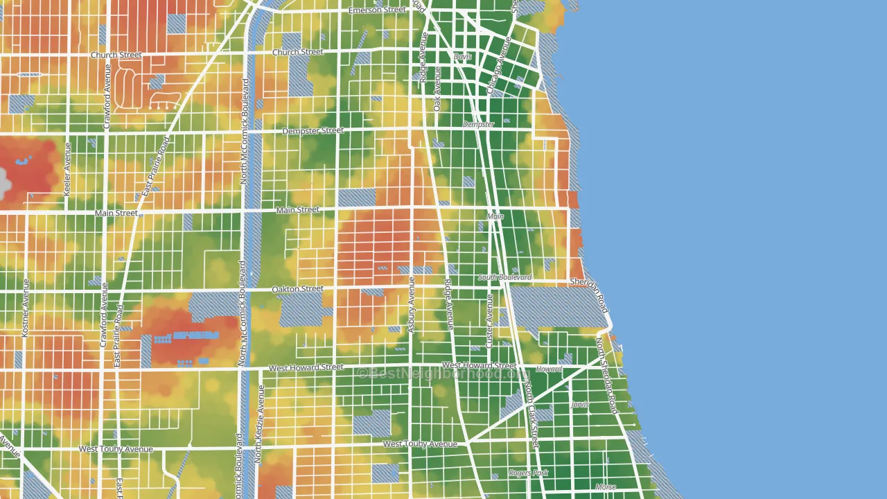 Walk Grade map of 60202, IL, walkable areas in green and car-dependent areas in red