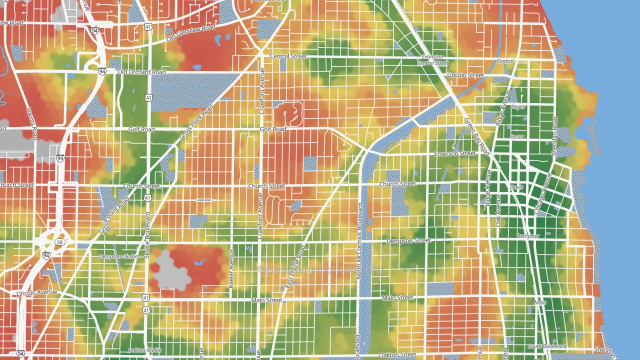 Walk Grade map of 60203, IL, walkable areas in green and car-dependent areas in red