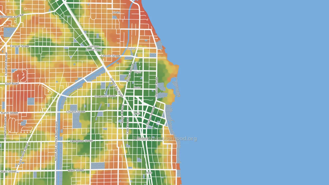 Walk Grade map of 60208, IL, walkable areas in green and car-dependent areas in red