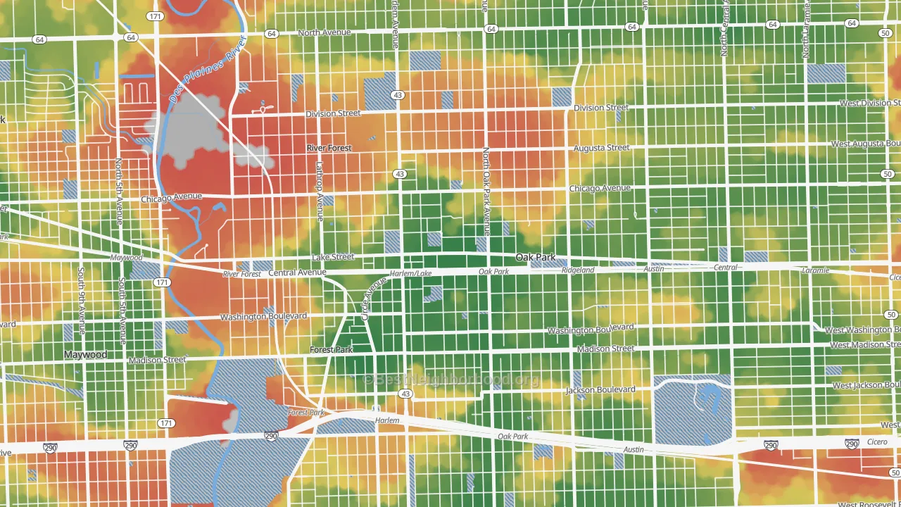 Walk Grade map of 60301, IL, walkable areas in green and car-dependent areas in red