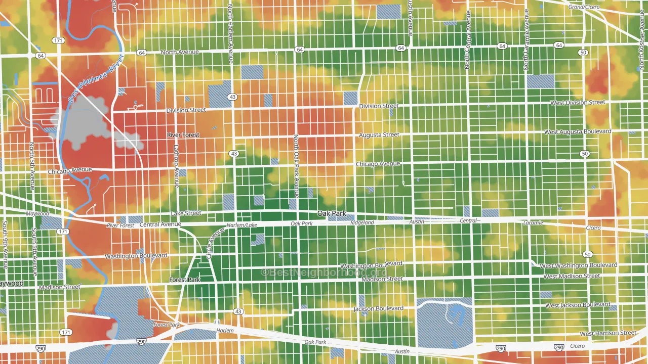 Walk Grade map of 60302, IL, walkable areas in green and car-dependent areas in red
