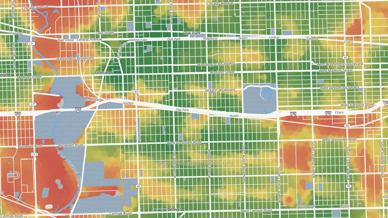 Walk Grade map of 60304, IL, walkable areas in green and car-dependent areas in red