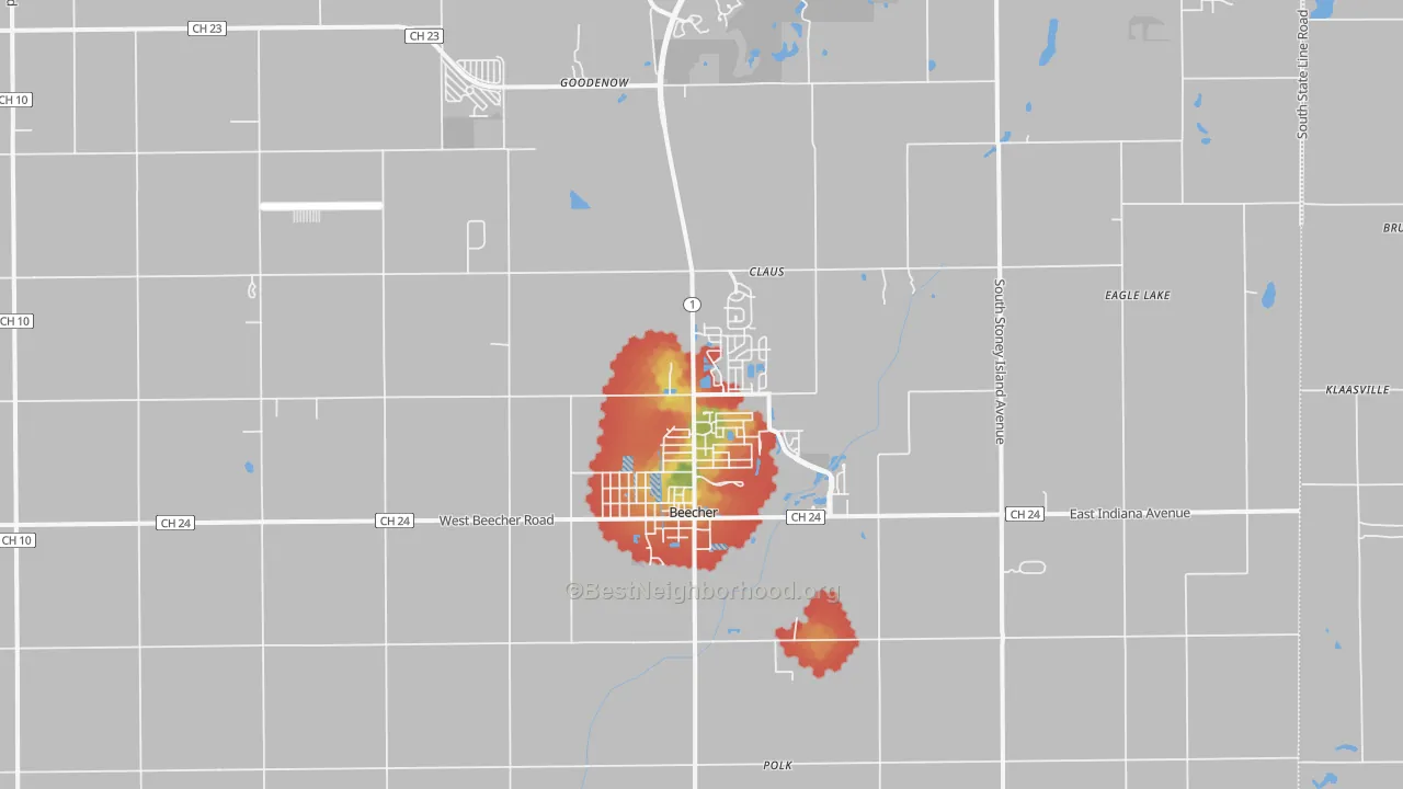 Walk Grade map of 60401, IL, walkable areas in green and car-dependent areas in red