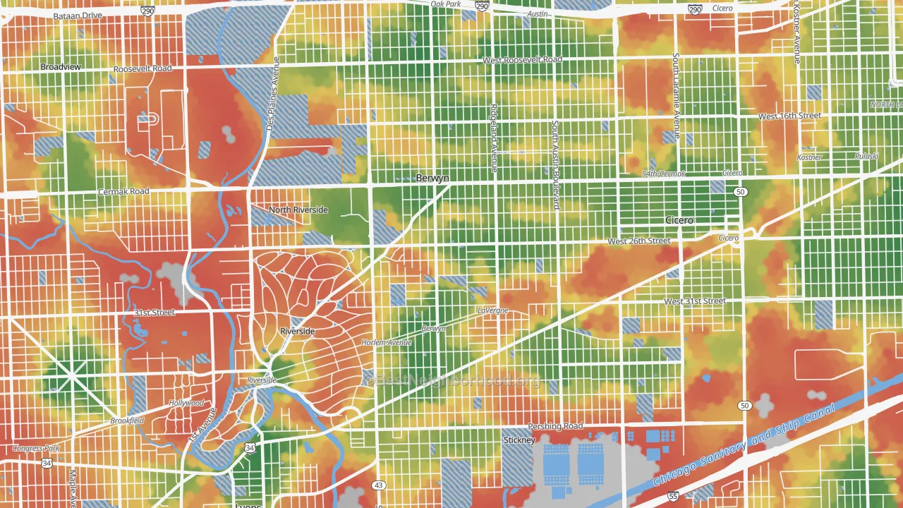 Walk Grade map of 60402, IL, walkable areas in green and car-dependent areas in red