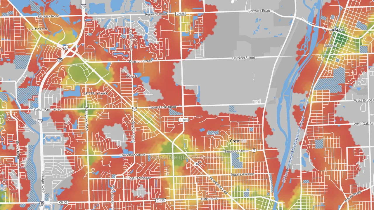Walk Grade map of 60403, IL, walkable areas in green and car-dependent areas in red