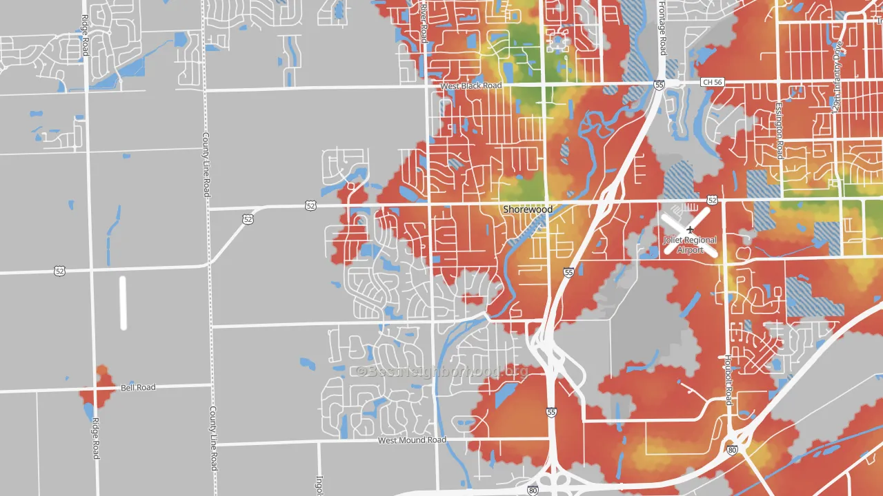 Walk Grade map of 60404, IL, walkable areas in green and car-dependent areas in red