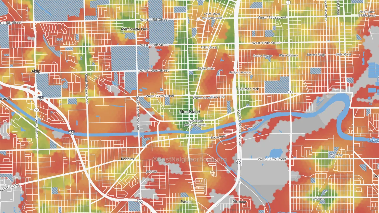 Walk Grade map of 60406, IL, walkable areas in green and car-dependent areas in red