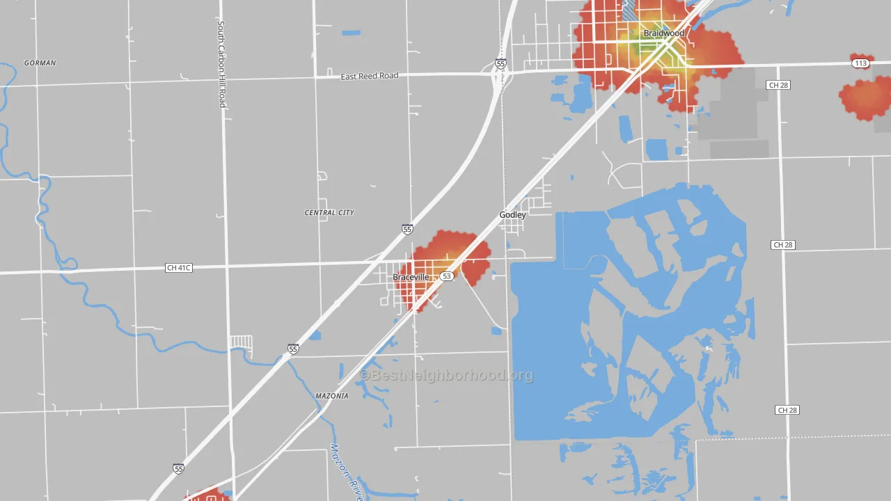 Walk Grade map of 60407, IL, walkable areas in green and car-dependent areas in red