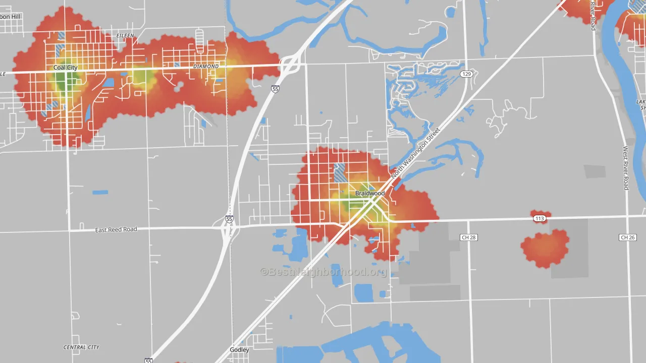 Walk Grade map of 60408, IL, walkable areas in green and car-dependent areas in red