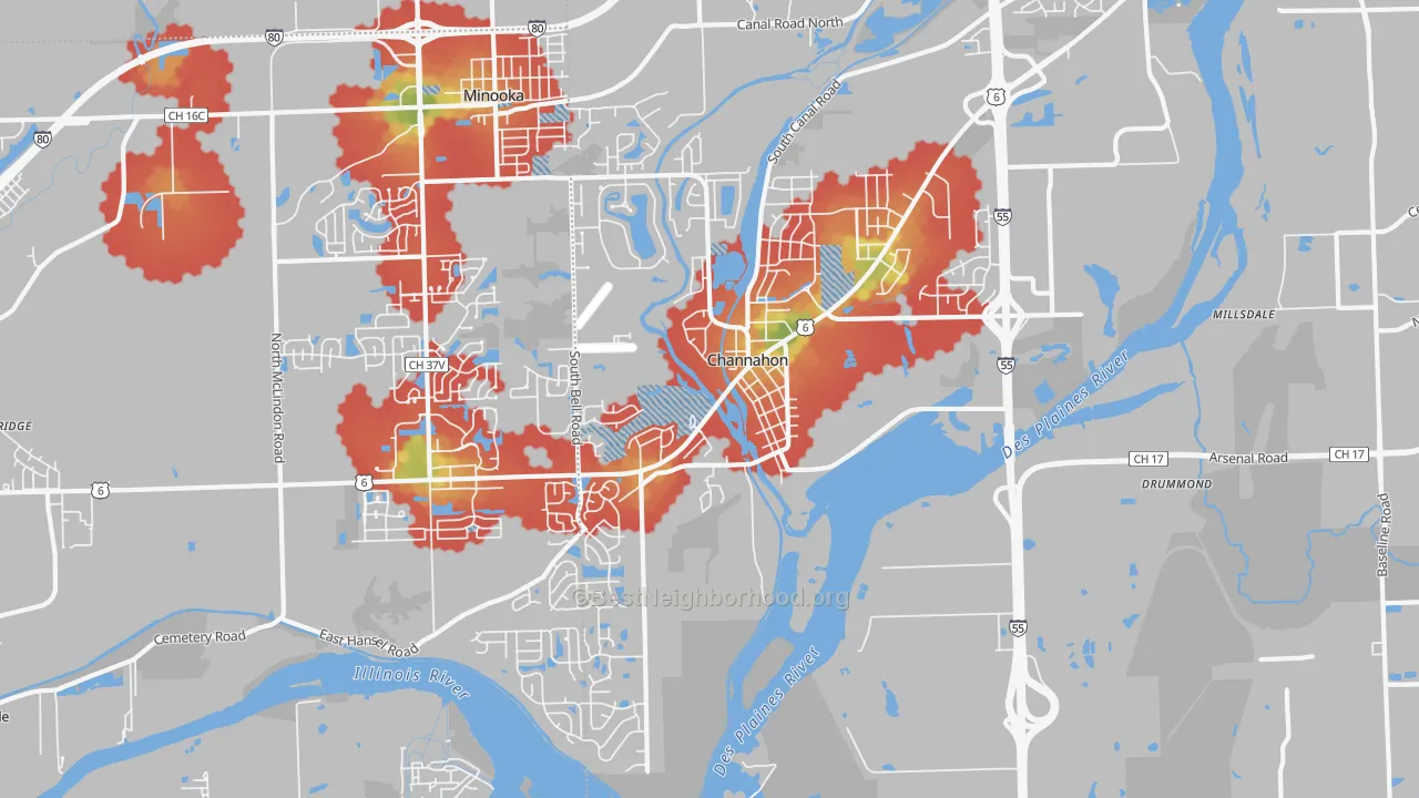 Walk Grade map of 60410, IL, walkable areas in green and car-dependent areas in red