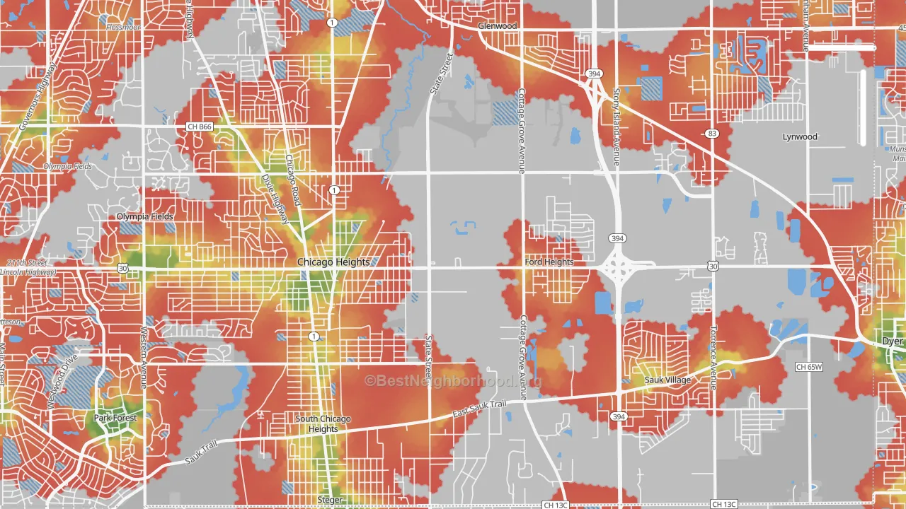 Walk Grade map of 60411, IL, walkable areas in green and car-dependent areas in red
