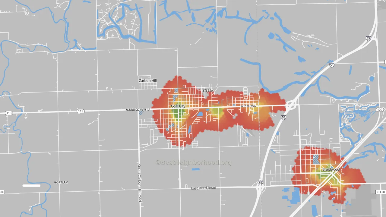 Walk Grade map of 60416, IL, walkable areas in green and car-dependent areas in red