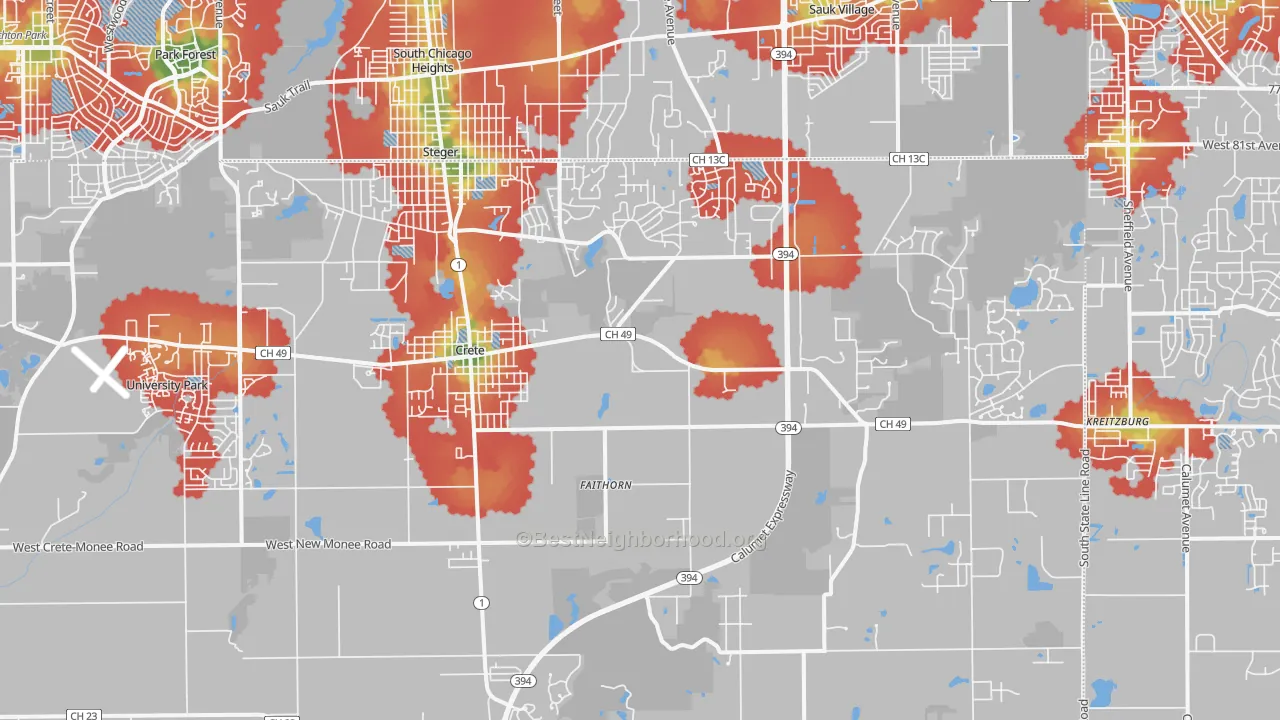 Walk Grade map of 60417, IL, walkable areas in green and car-dependent areas in red