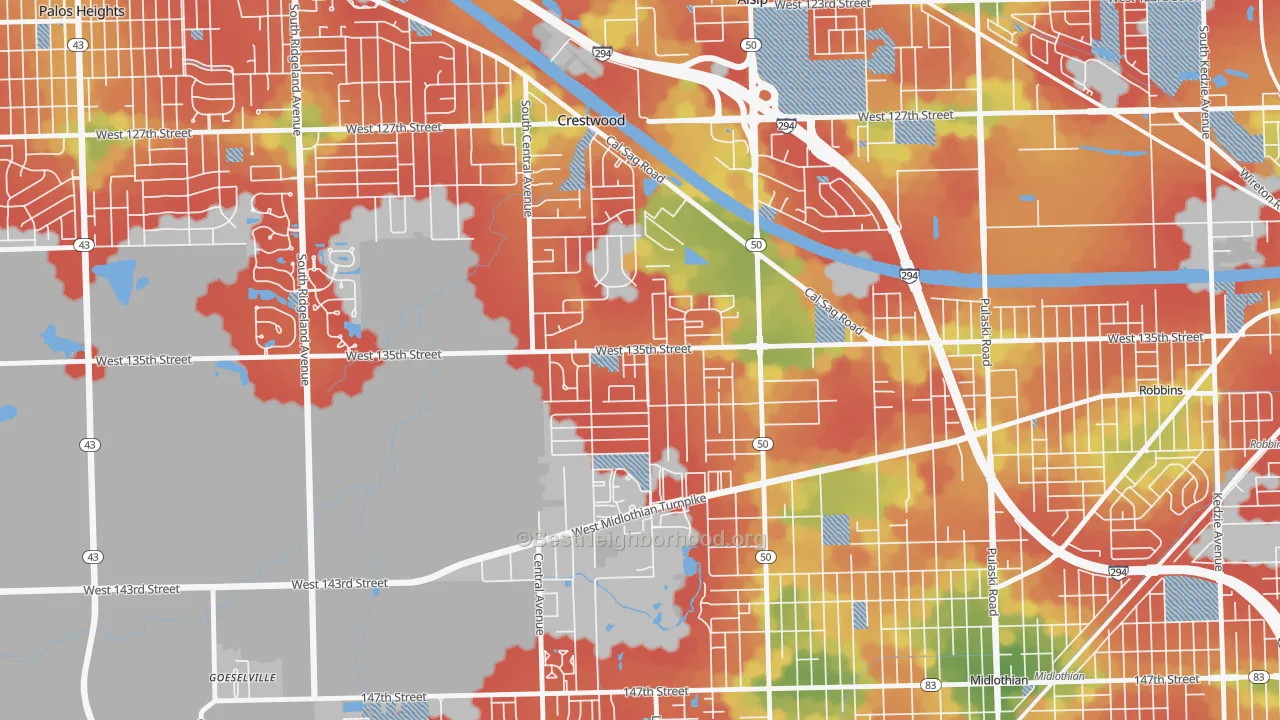 Walk Grade map of 60418, IL, walkable areas in green and car-dependent areas in red