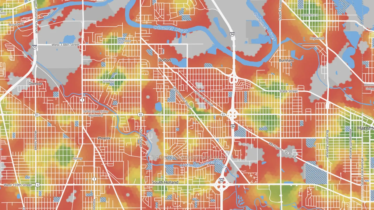 Walk Grade map of 60419, IL, walkable areas in green and car-dependent areas in red