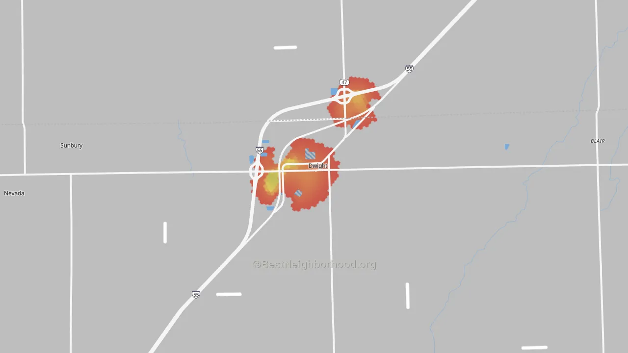Walk Grade map of 60420, IL, walkable areas in green and car-dependent areas in red