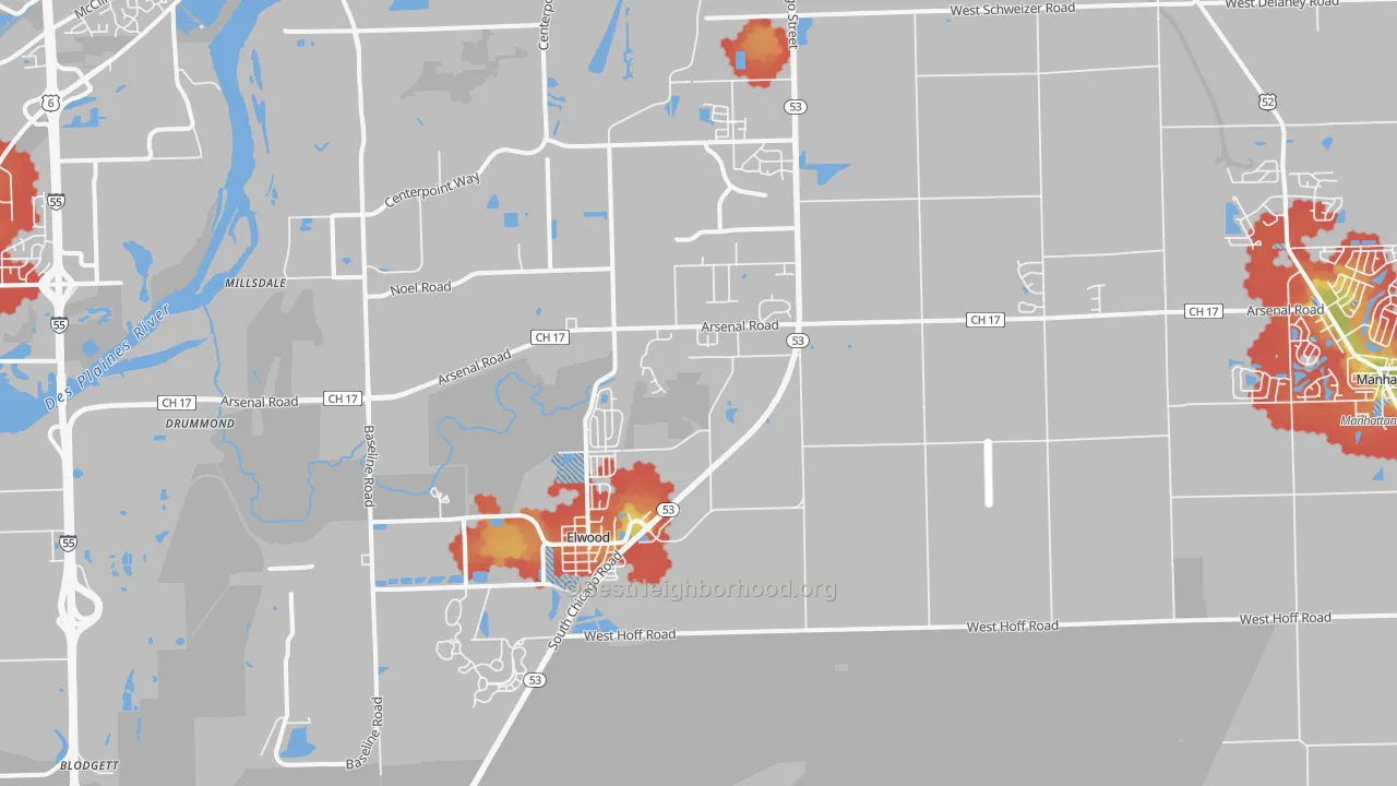 Walk Grade map of 60421, IL, walkable areas in green and car-dependent areas in red