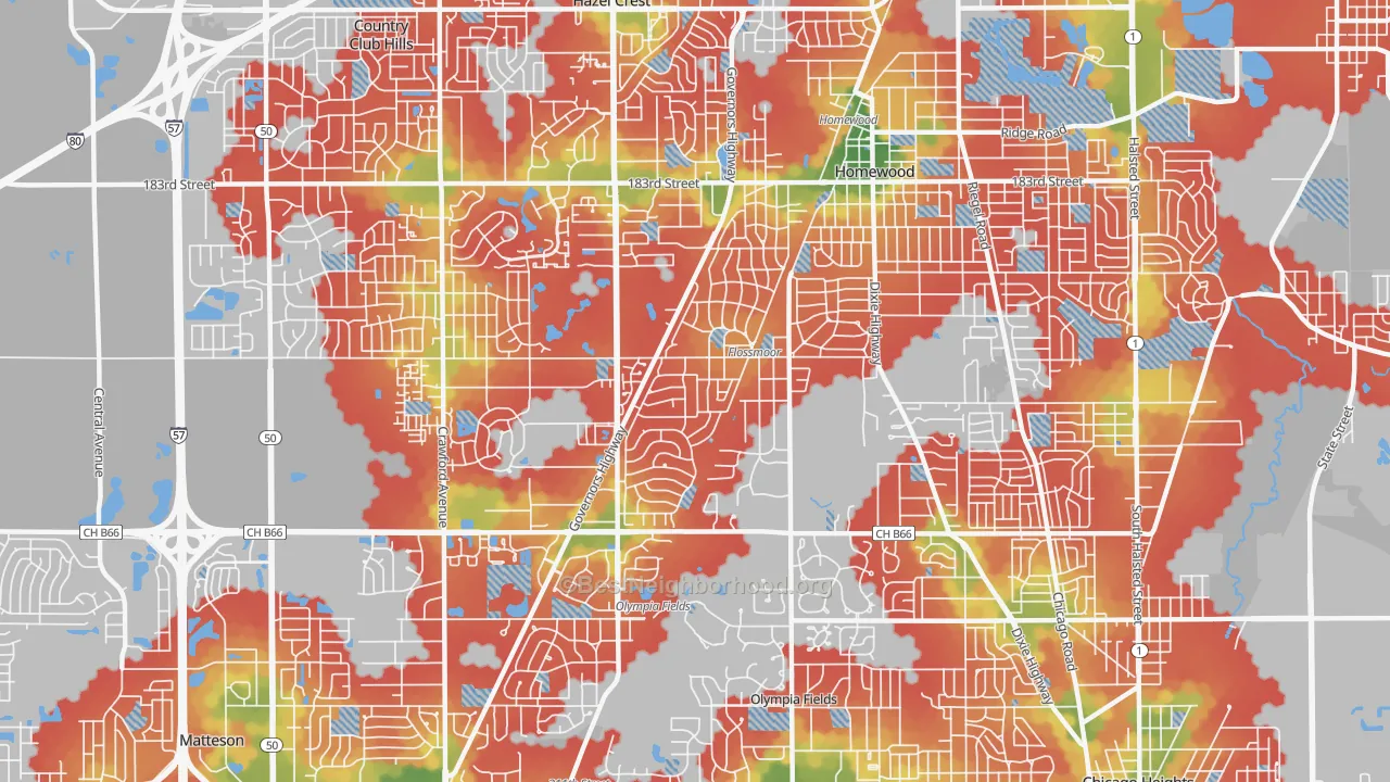 Walk Grade map of 60422, IL, walkable areas in green and car-dependent areas in red