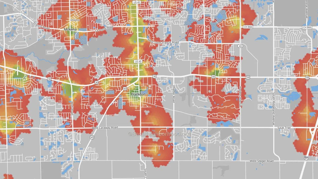 Walk Grade map of 60423, IL, walkable areas in green and car-dependent areas in red