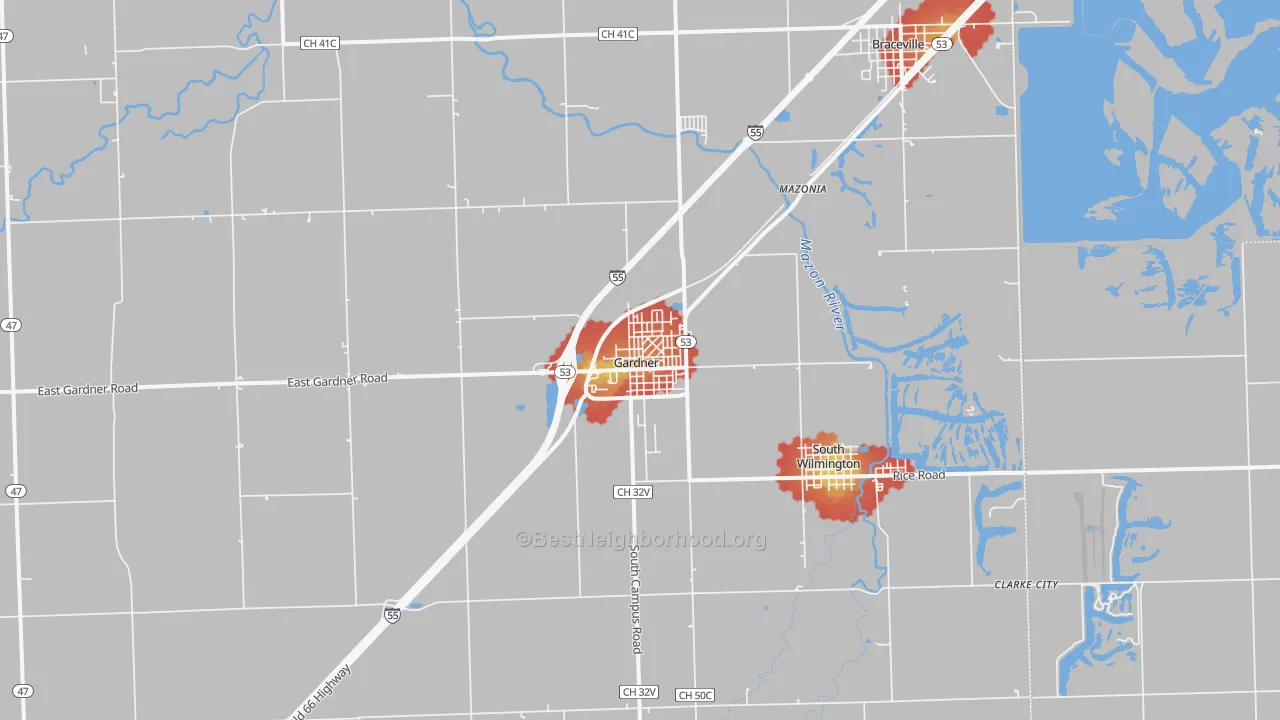 Walk Grade map of 60424, IL, walkable areas in green and car-dependent areas in red