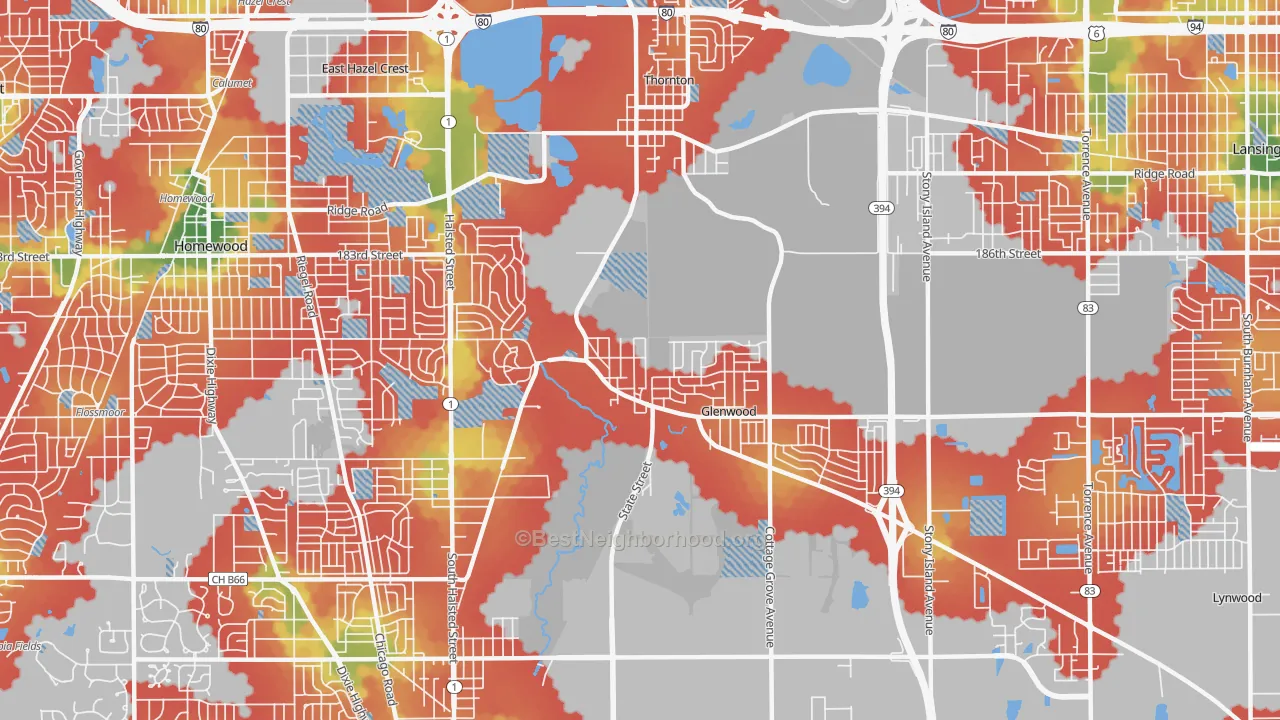 Walk Grade map of 60425, IL, walkable areas in green and car-dependent areas in red