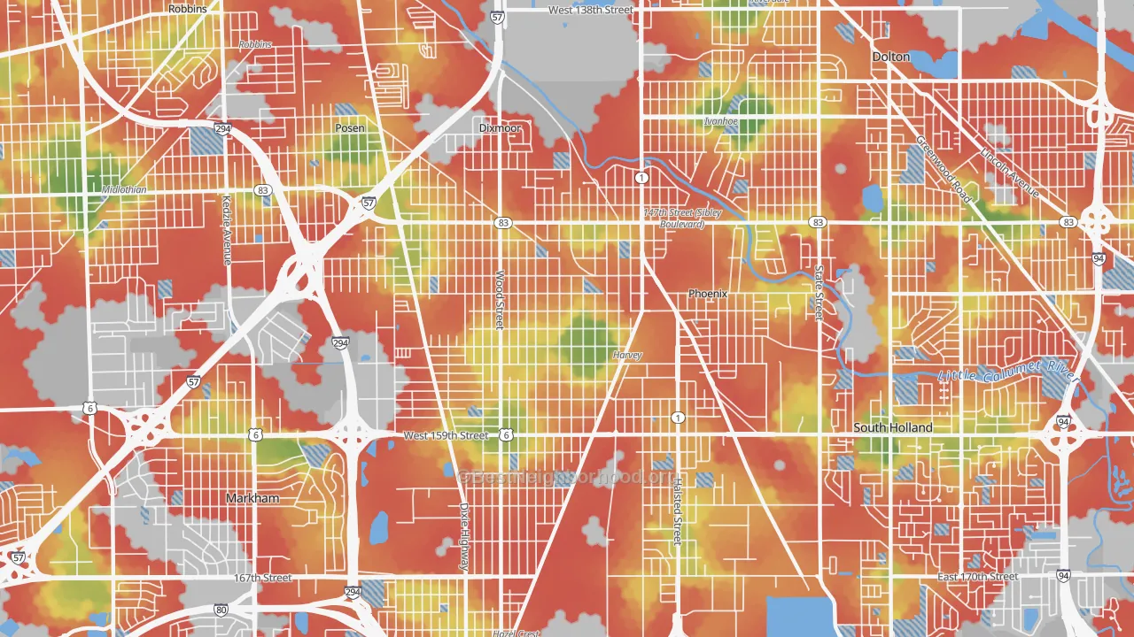 Walk Grade map of 60426, IL, walkable areas in green and car-dependent areas in red