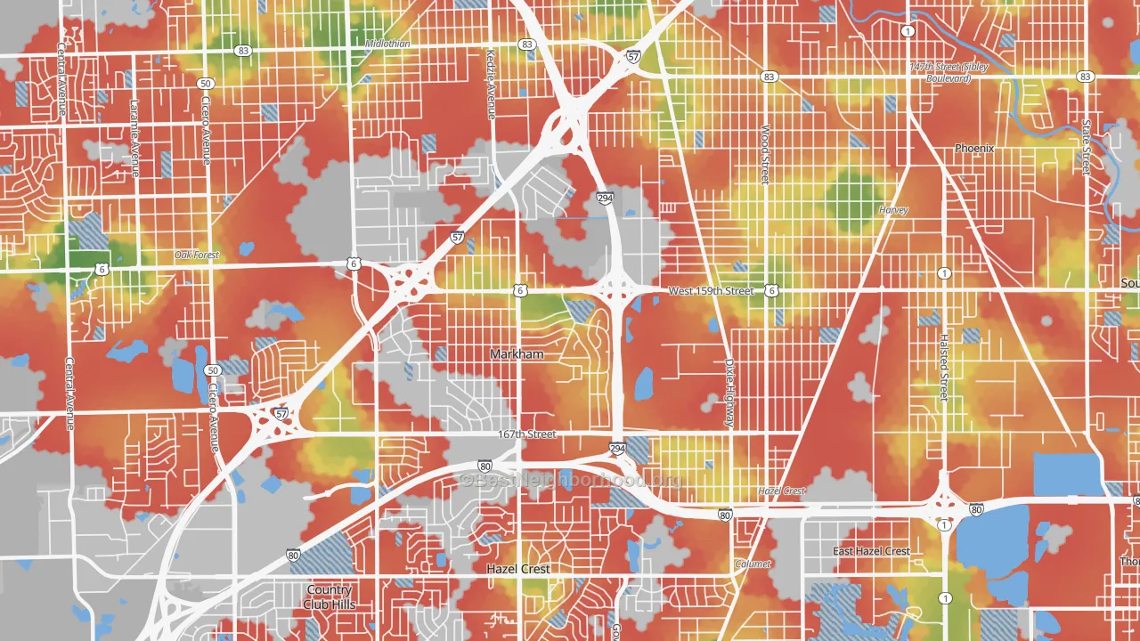 Walk Grade map of 60428, IL, walkable areas in green and car-dependent areas in red