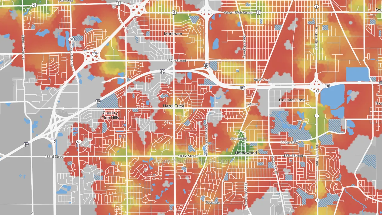 Walk Grade map of 60429, IL, walkable areas in green and car-dependent areas in red