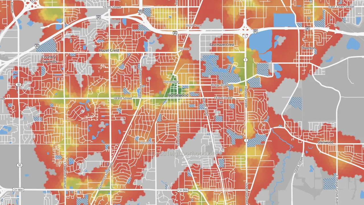 Walk Grade map of 60430, IL, walkable areas in green and car-dependent areas in red