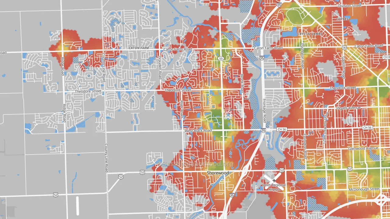 Walk Grade map of 60431, IL, walkable areas in green and car-dependent areas in red