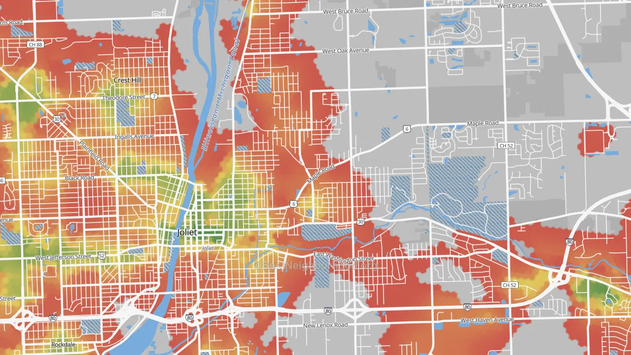 Walk Grade map of 60432, IL, walkable areas in green and car-dependent areas in red