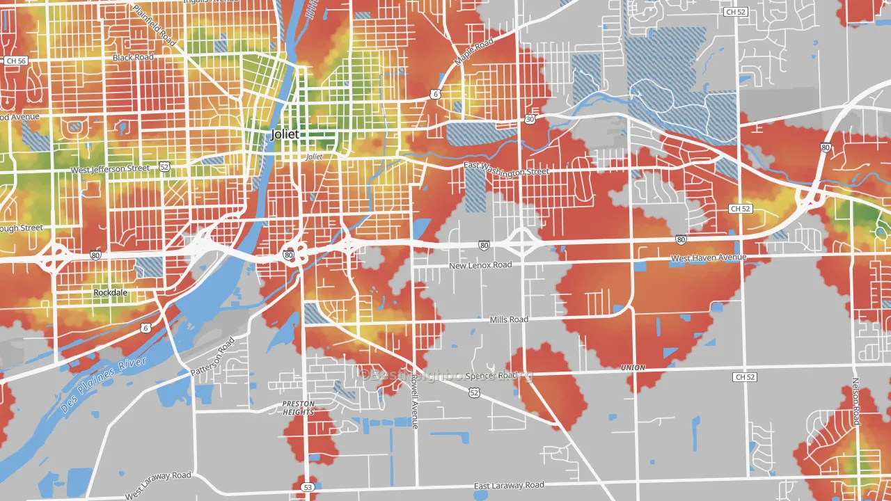 Walk Grade map of 60433, IL, walkable areas in green and car-dependent areas in red