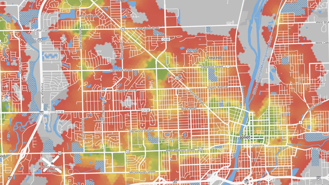 Walk Grade map of 60435, IL, walkable areas in green and car-dependent areas in red