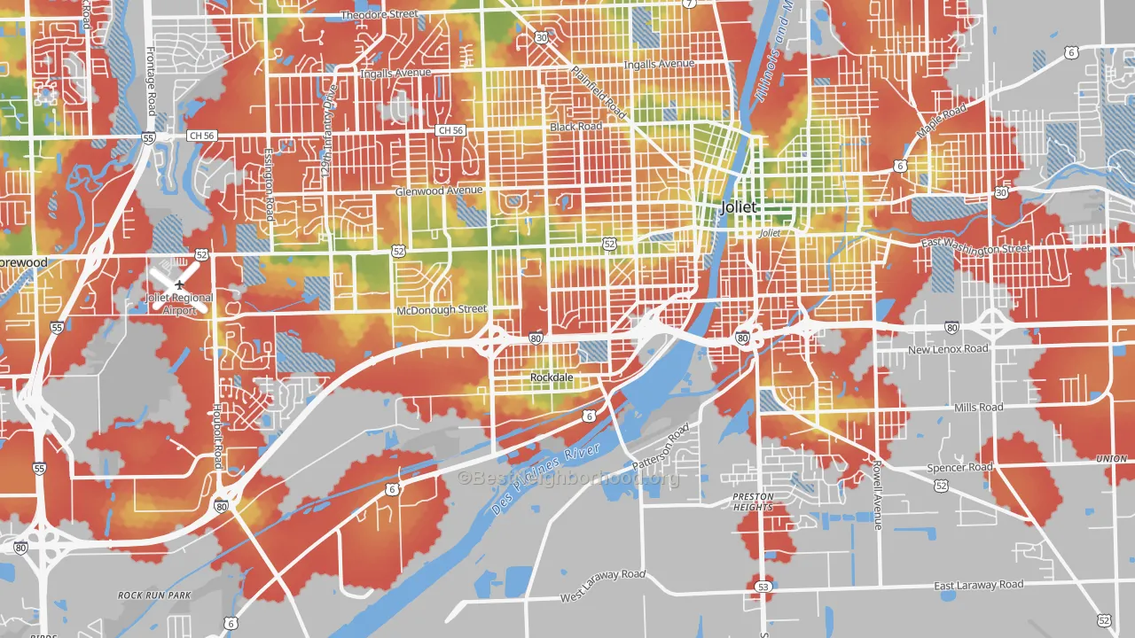 Walk Grade map of 60436, IL, walkable areas in green and car-dependent areas in red