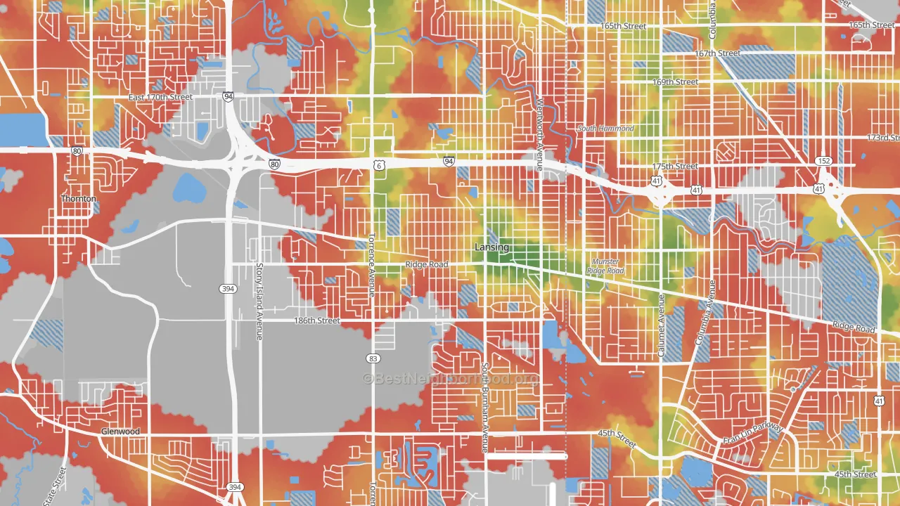 Walk Grade map of 60438, IL, walkable areas in green and car-dependent areas in red