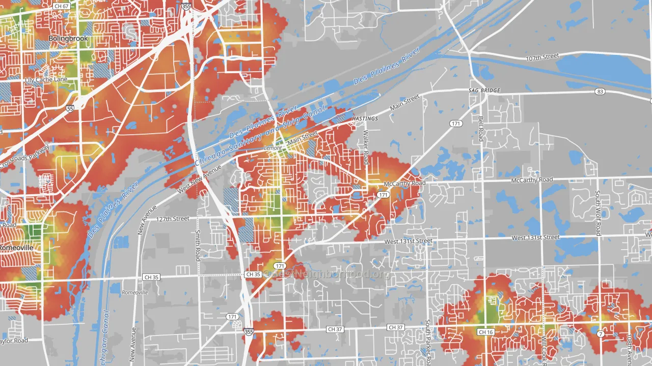 Walk Grade map of 60439, IL, walkable areas in green and car-dependent areas in red