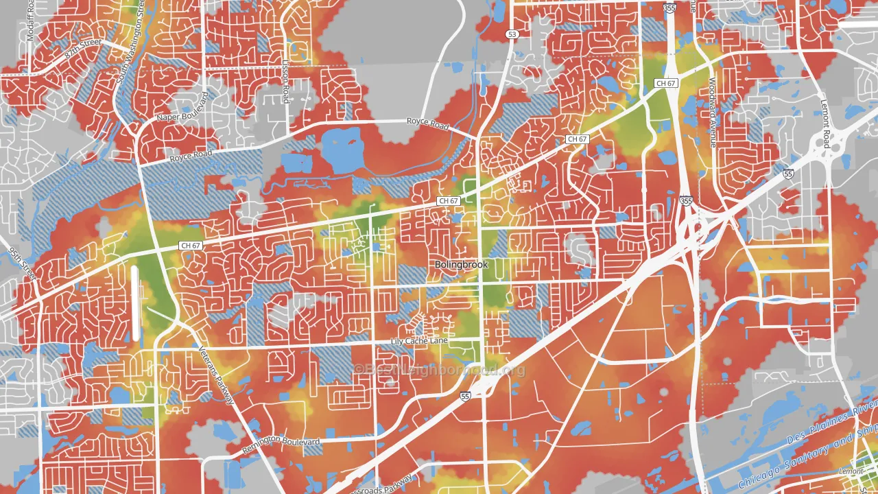 Walk Grade map of 60440, IL, walkable areas in green and car-dependent areas in red
