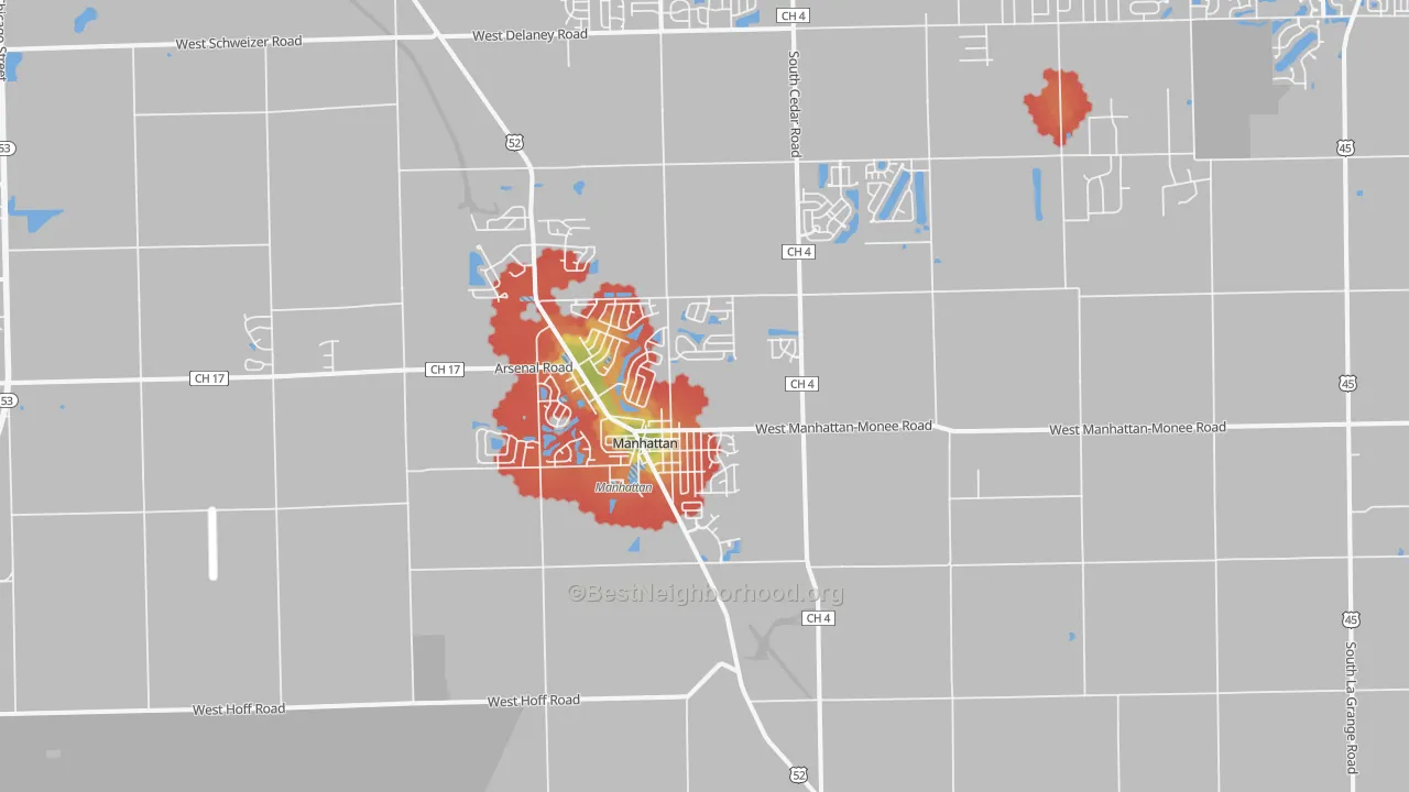 Walk Grade map of 60442, IL, walkable areas in green and car-dependent areas in red